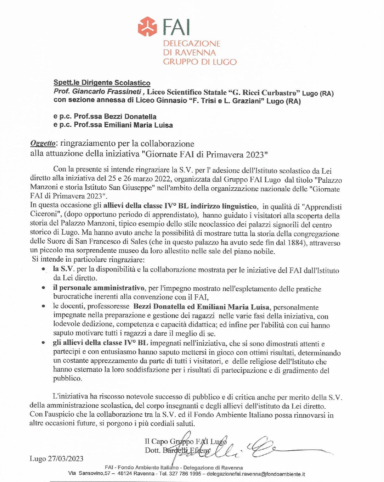 lettera di ringraziamento
